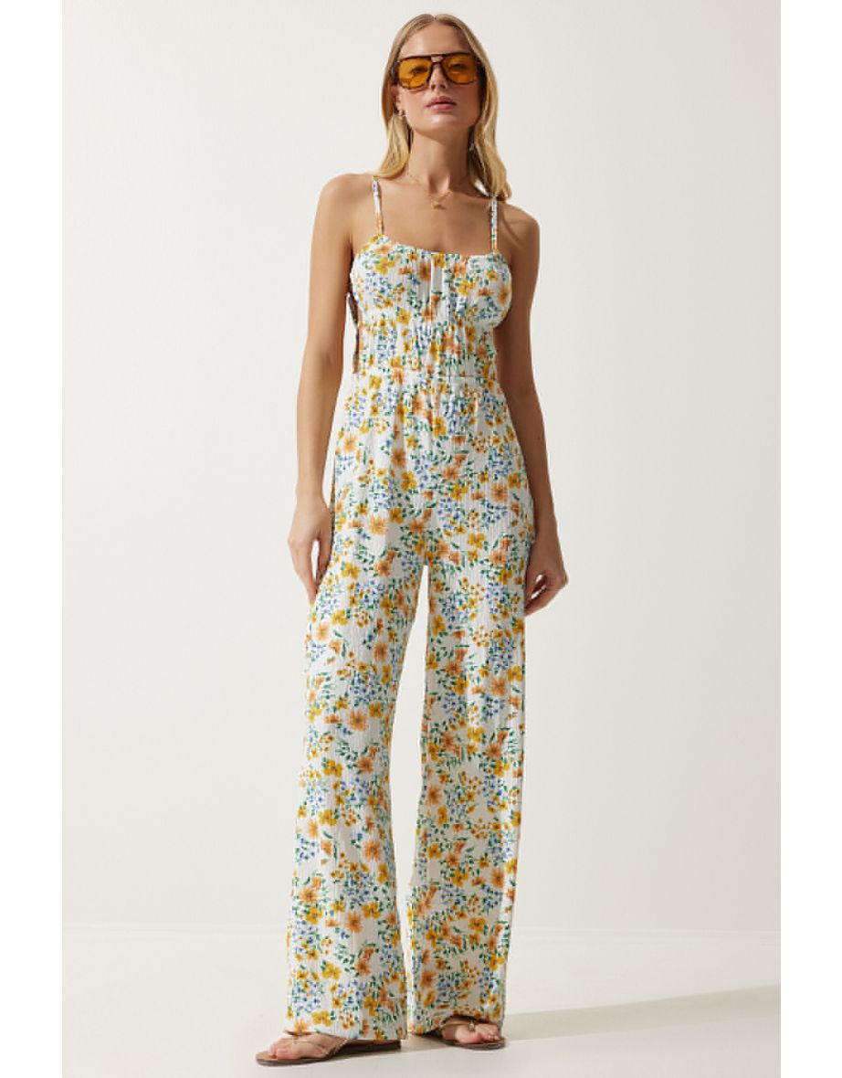 Women's Ecru Yellow Window Detailed Pattern Knitted Jumpsuit