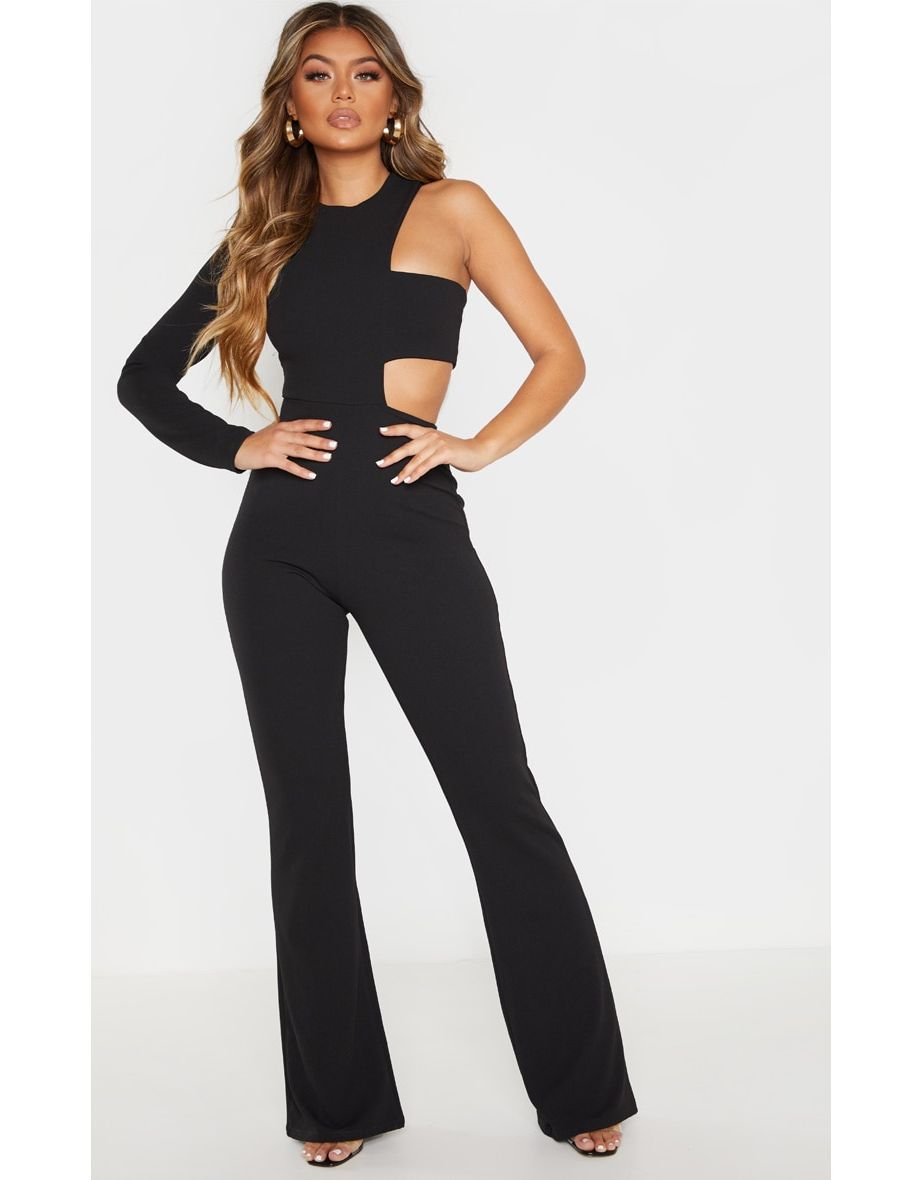 Black One Shoulder Flare Leg Jumpsuit