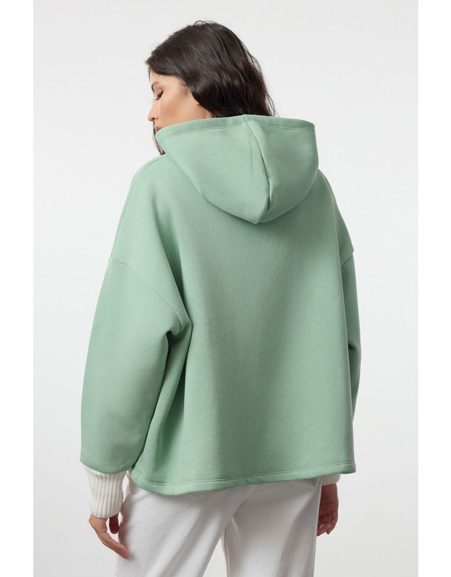 Mint Thick Fleece Knitwear Hooded Knitted Sweatshirt with Tape Detail - 4