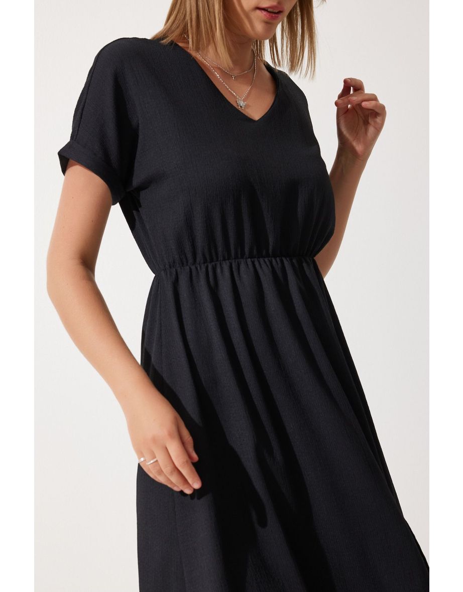 Women's Black V-Neck Slit Summer Casual Knitted Dress - 5