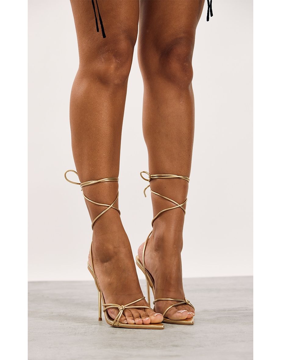 Shop Gold Faux Leather Metallic Pointed Knot Detail Tie Up Heeled Sandals Online in Qatar VogaCloset