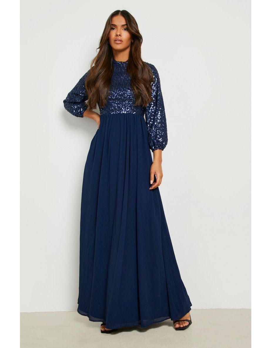 Sequin High Neck Maxi Bridesmaid Dress - navy