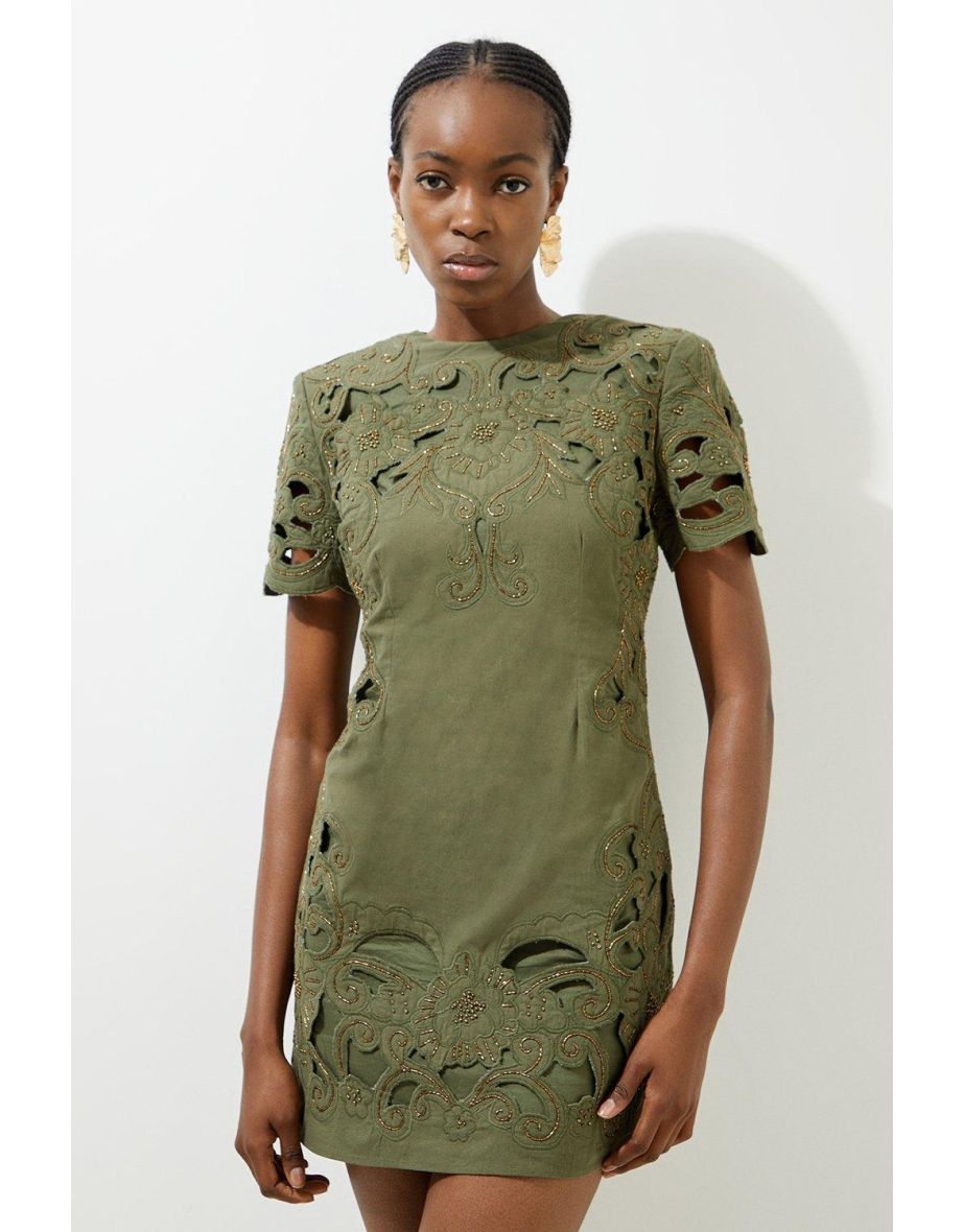 Cotton Quilted Cutwork Beaded Woven Mini Dress