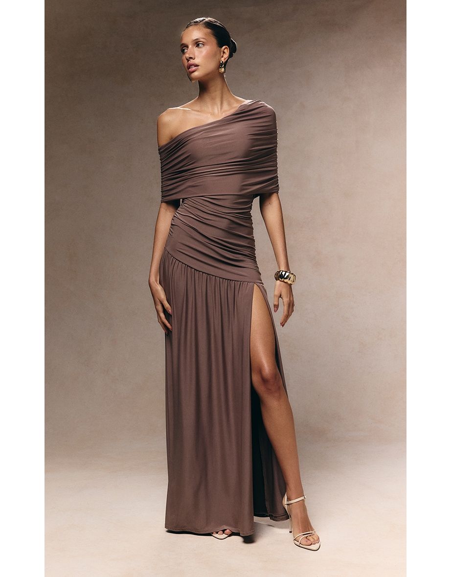 Taupe Double Layer Slinky Bardot One Shoulder Ruched Maxi Dress
