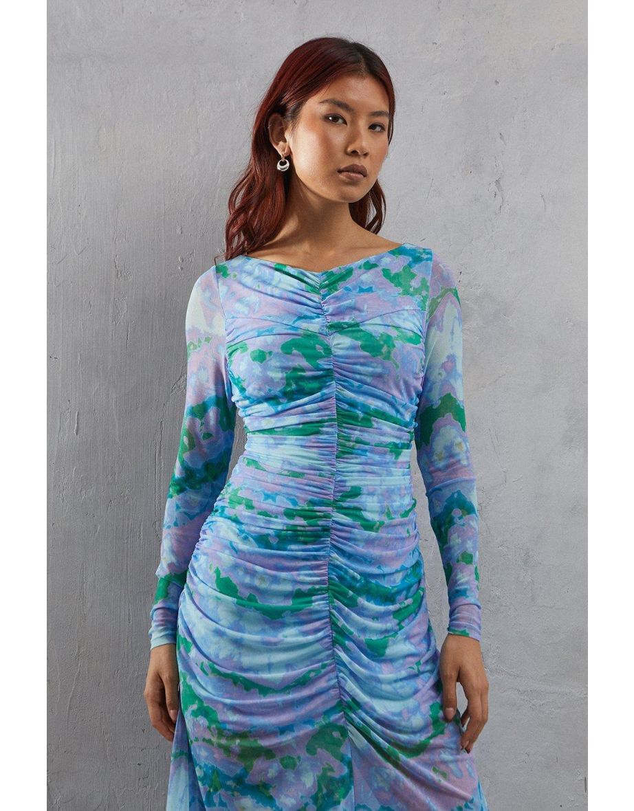 Abstract Marble Mesh Fitted Ruched Midi Dress - 3
