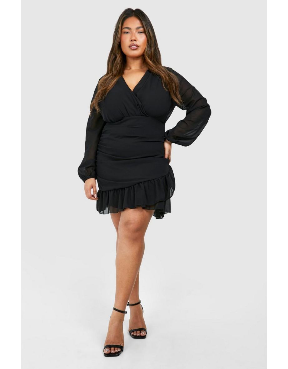 Plus Chiffon Ruffle Wrap Dress - black