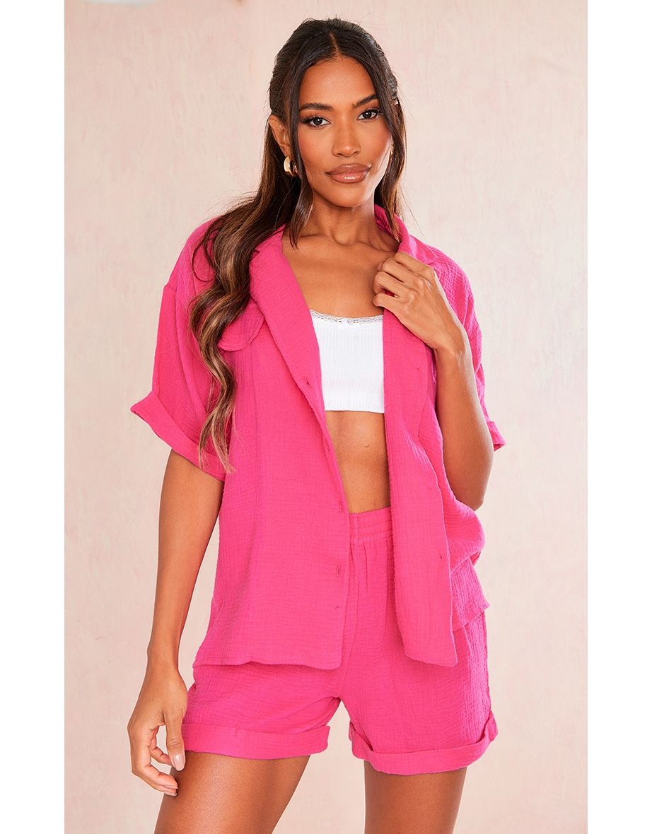 Shop Hot Pink Cotton Cheesecloth Oversized Turn Up Hem Floaty Short Online in Qatar VogaCloset