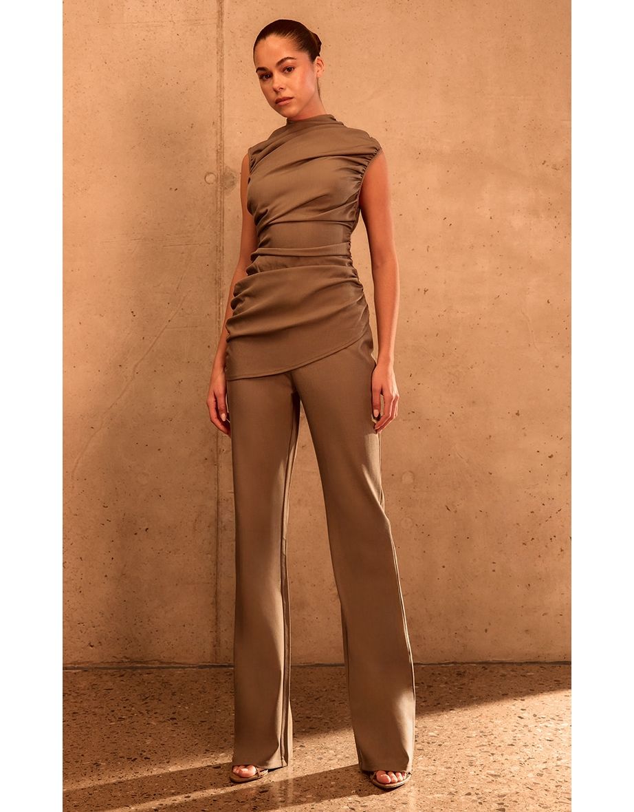 PLT Label Dark Taupe Tailored Extreme Ruched Asymmetric Top