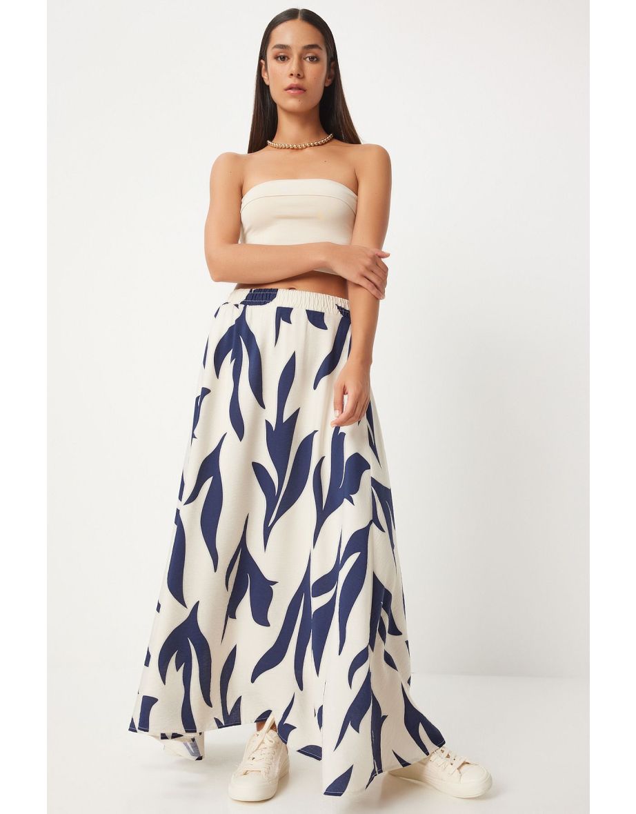 Women's Ecru Navy Blue Patterned Maxi Skirt DD01333
