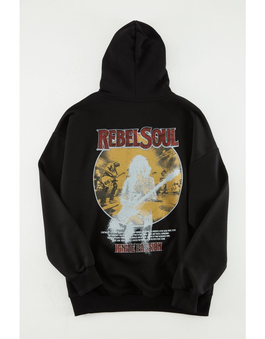 Black Men's Oversize Hoodie Rock Printed Sweatshirt - 9