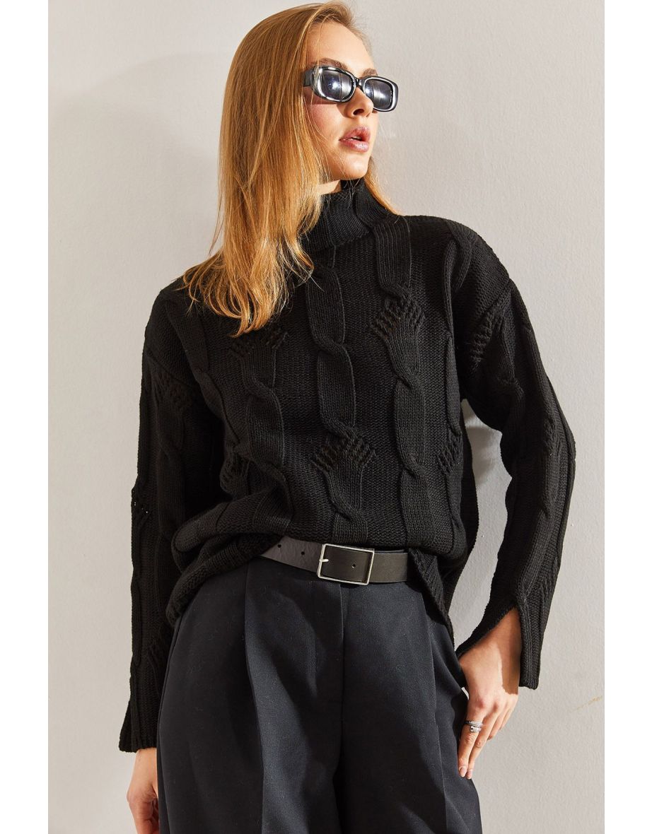 Women's Half Turtleneck Hair Knitted Patterned Knitwear Sweater