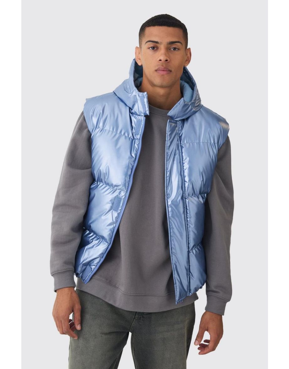 Metallic Hooded Puffer Gilet In Light Blue - 2