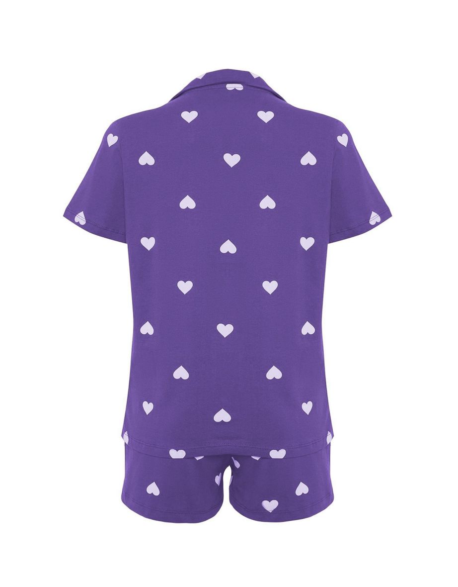 Lilac 100% Cotton Heart Shorts Knitted Pajama Set - 7
