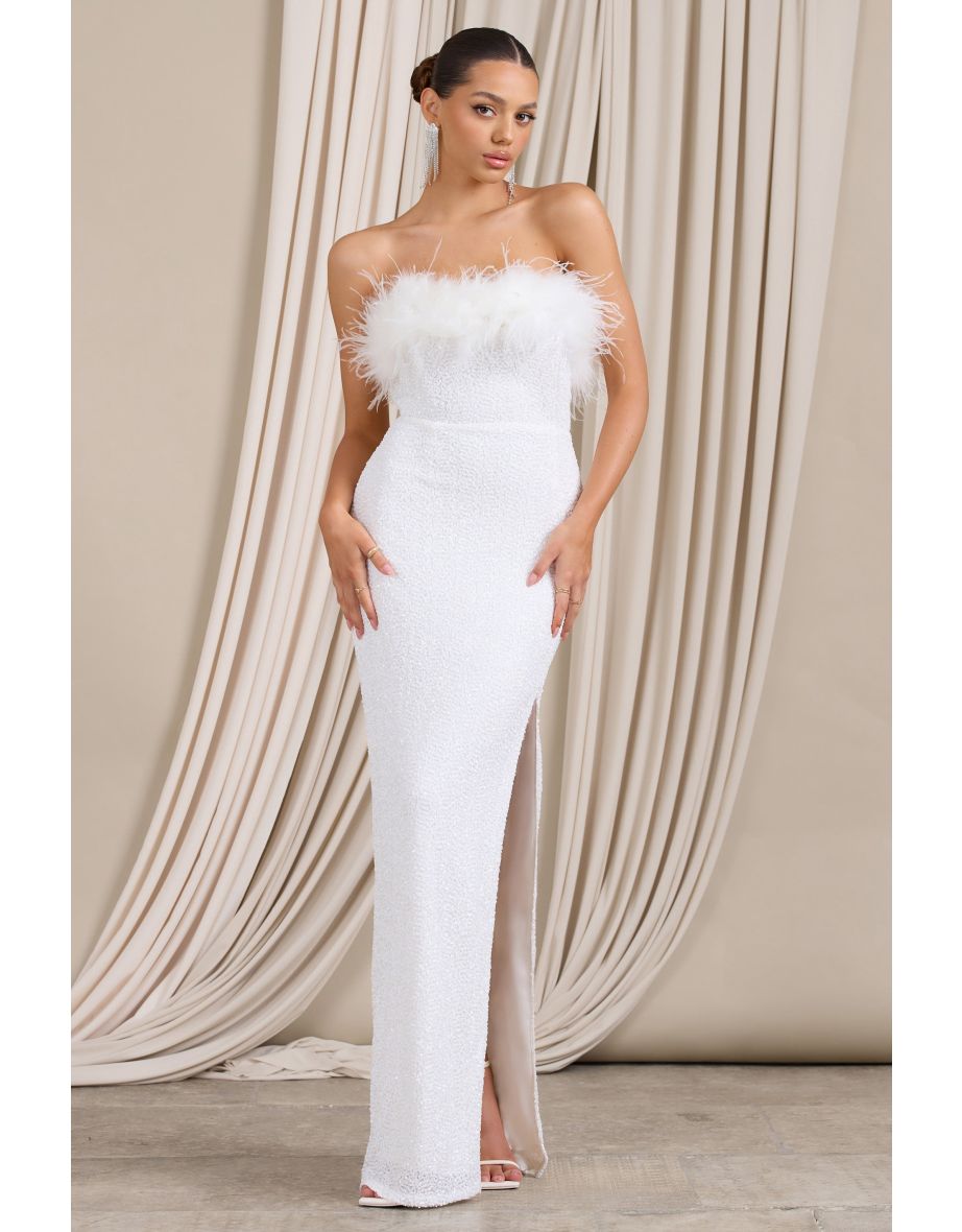 Old Money | White Bodycon Sequin Maxi Dress With Feather Trim - 4
