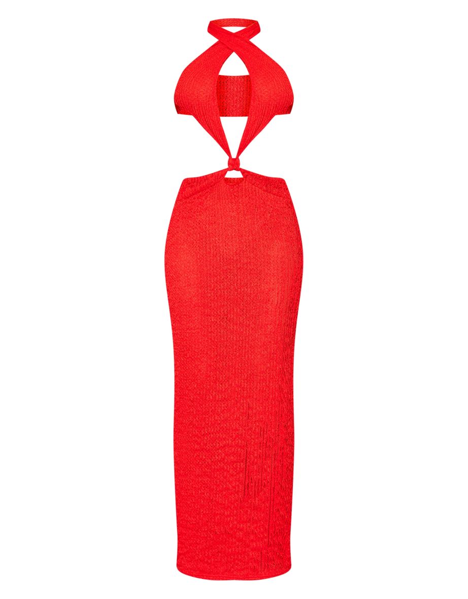 Tomato Red Textured Halterneck Cross Front Maxi Dress - 4