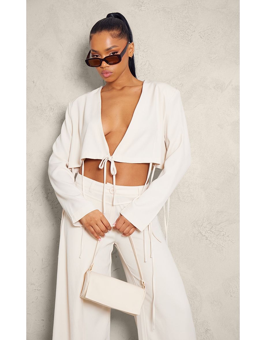 Cream Tailored Tie Front Cropped Blazer