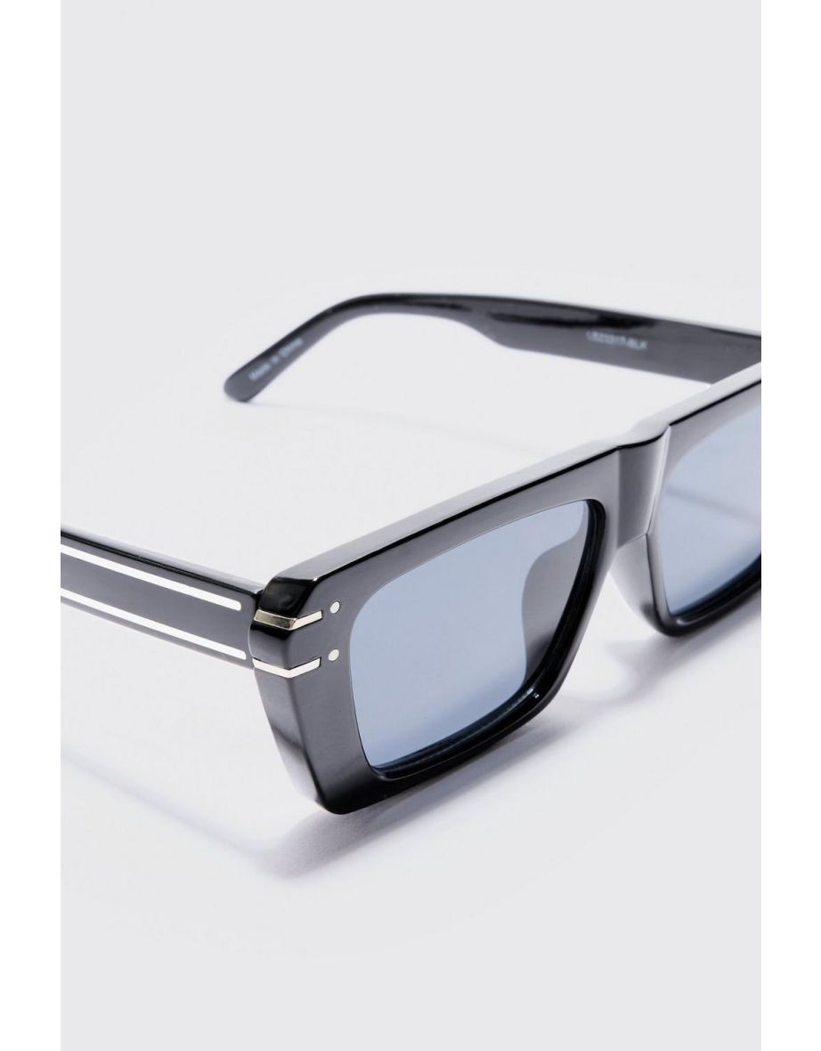 Rectangular Metal Frame Sunglasses In Black - black - 3