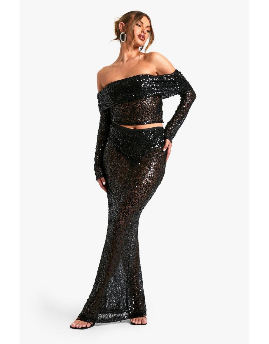 Sequin Beaded Lace Bardot Top - black