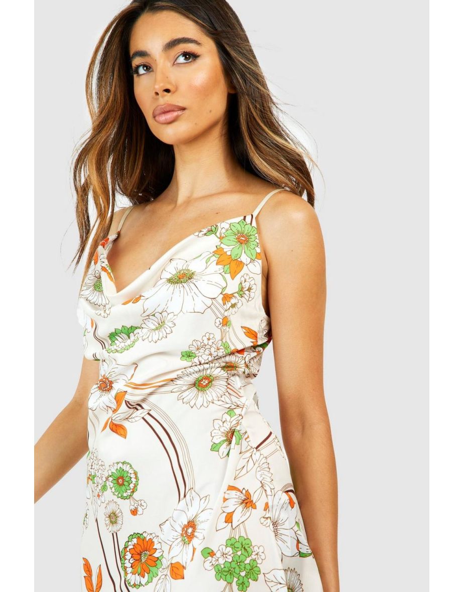 Satin Floral Strappy Midi Dress - cream - 3