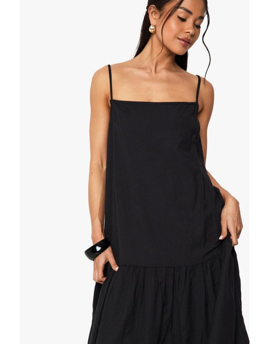 Linen Drop Waist Strappy Maxi Dress - black - 3