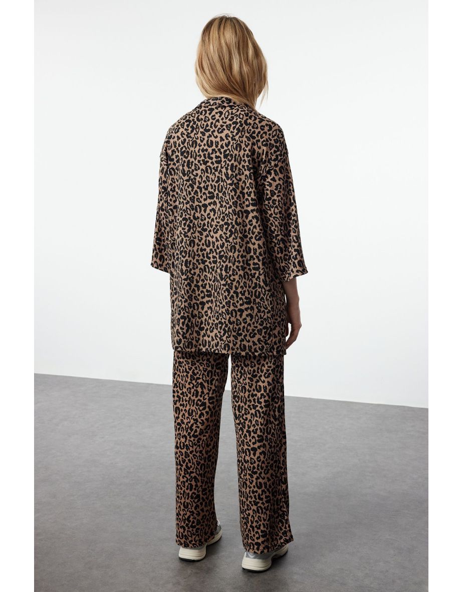 Brown Leopard Printed Relaxed Cut Flexible Kimono Knitted Bottom-Top Set - 4