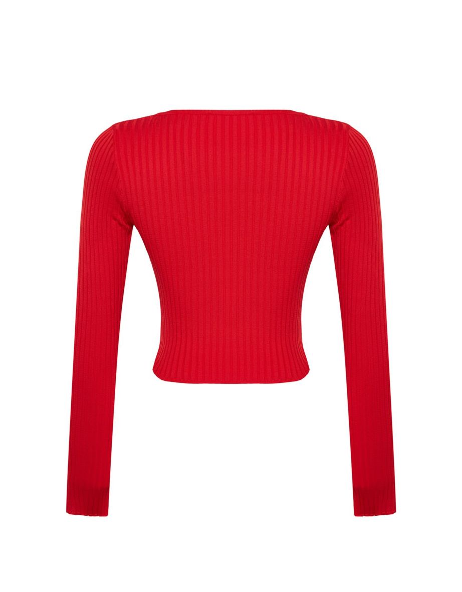 Red Super Crop Knitwear Sweater with Heart Accessories - 6