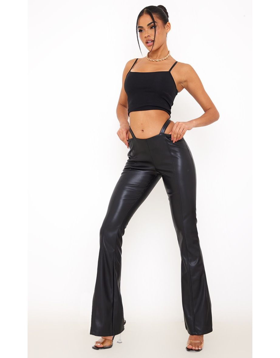 Black Faux Leather Cut Out Low Waist Flares