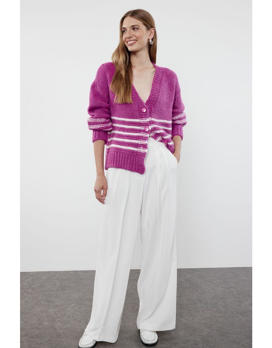 Pink Soft Textured Striped Knitwear Cardigan