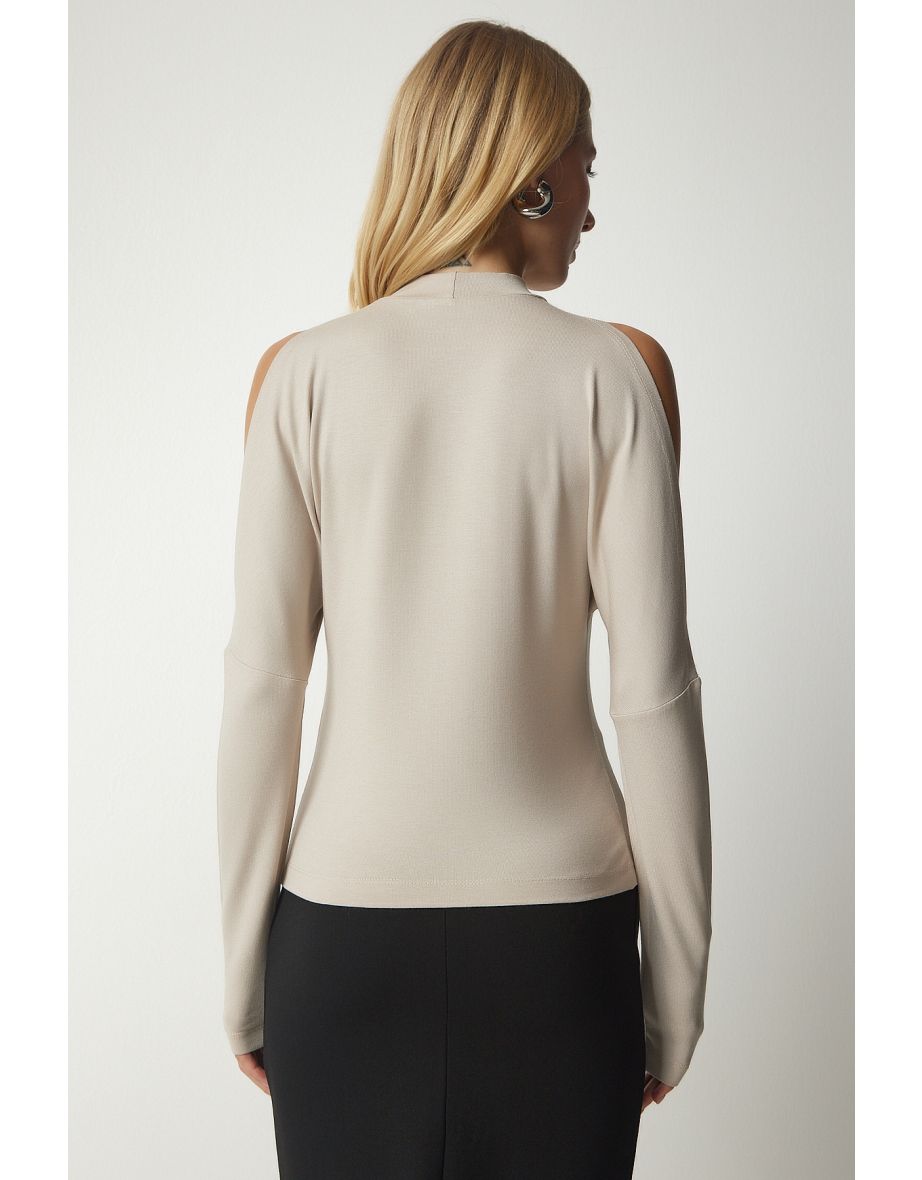 Women's Beige Stand-Up Collar Open-Shoulder Knitwear Blouse - 5