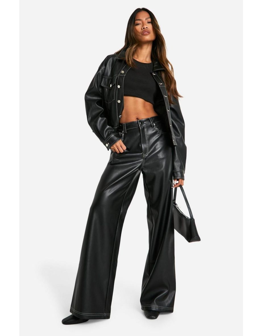 Contrast Stitch Detail Faux Leather Trousers