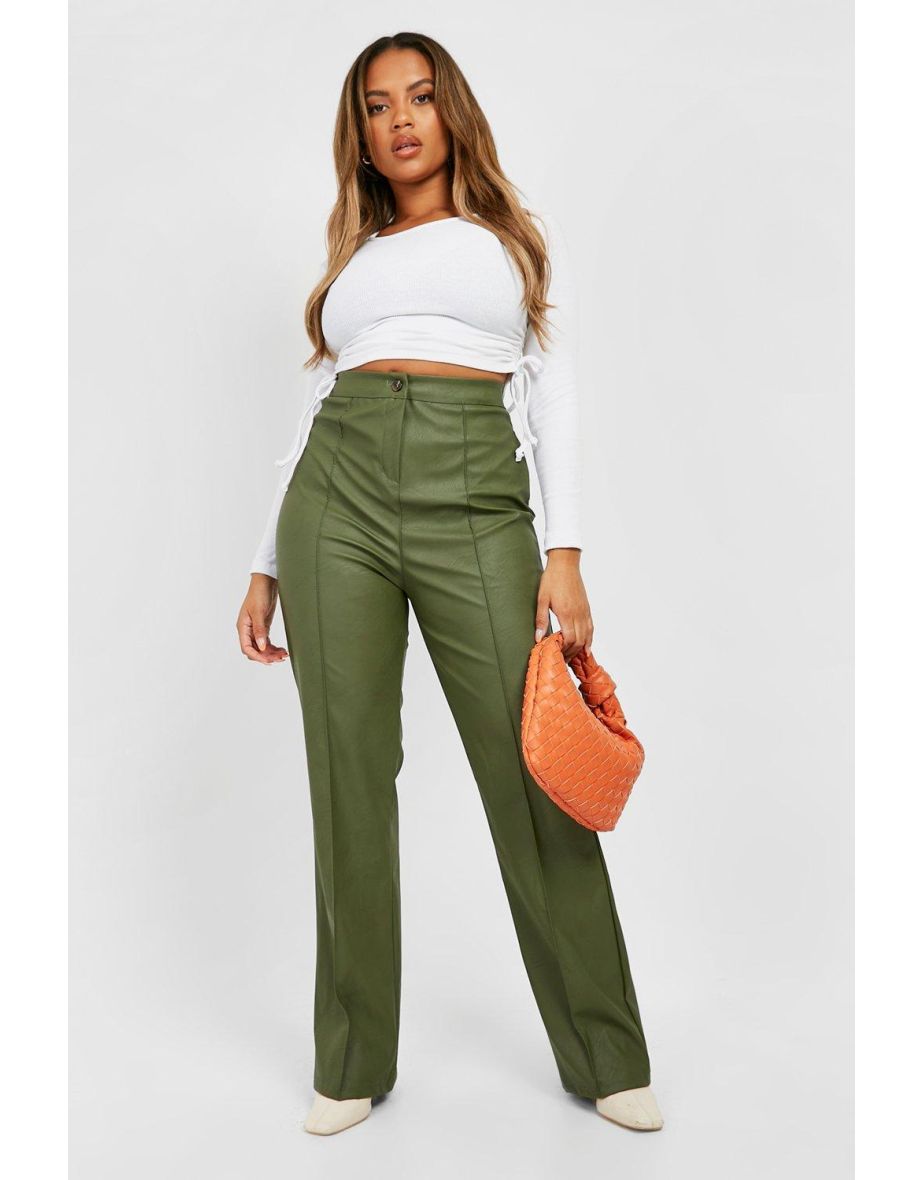 Plus Leather Look Seam Detail Trousers - khaki