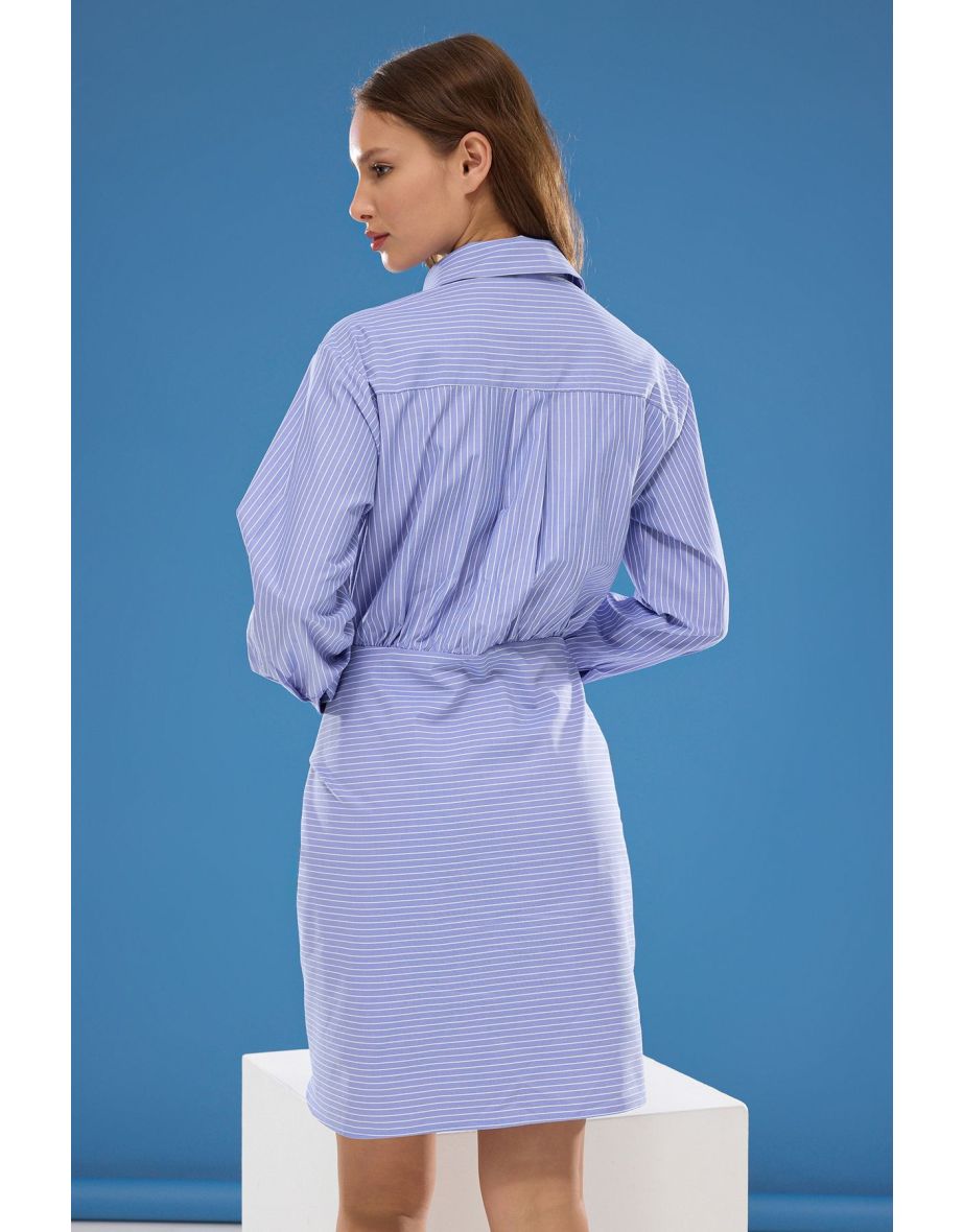 Blue Striped Tie Detail Poplin Mini Woven Shirt Dress - 4