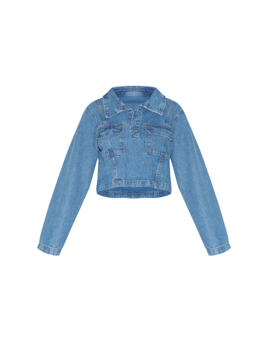Mid Blue Wash Long Sleeve Denim Rugby Shirt - 4