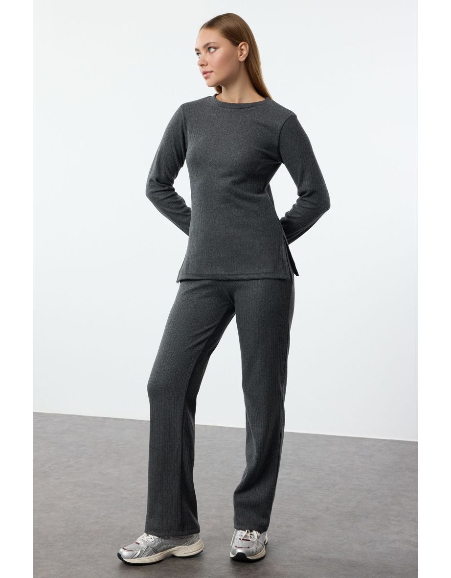 Anthracite Side Slits Regular/Normal Cut Crew Neck Knitted Bottom-Top Set