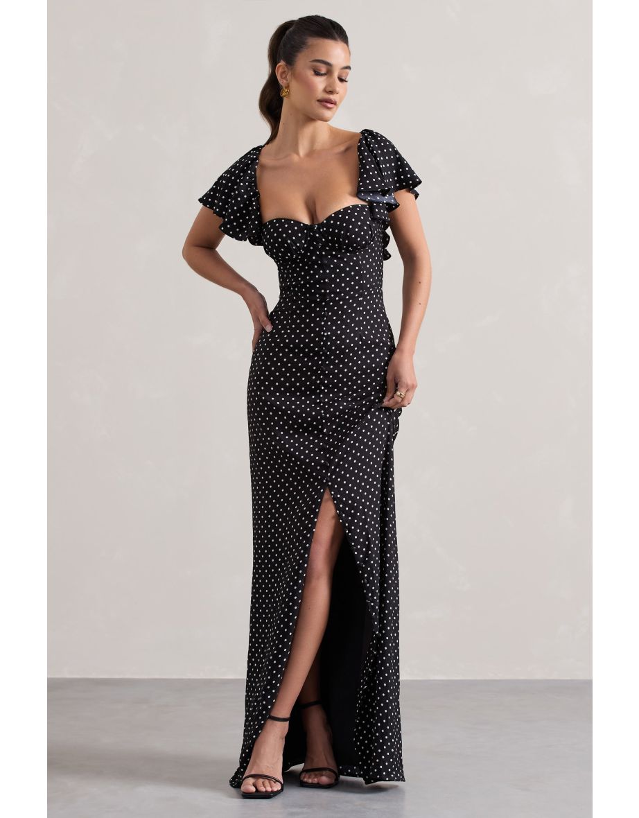 Signorina | Black Polka Dot Buttoned Maxi Dress With Flounced Short Sleeves