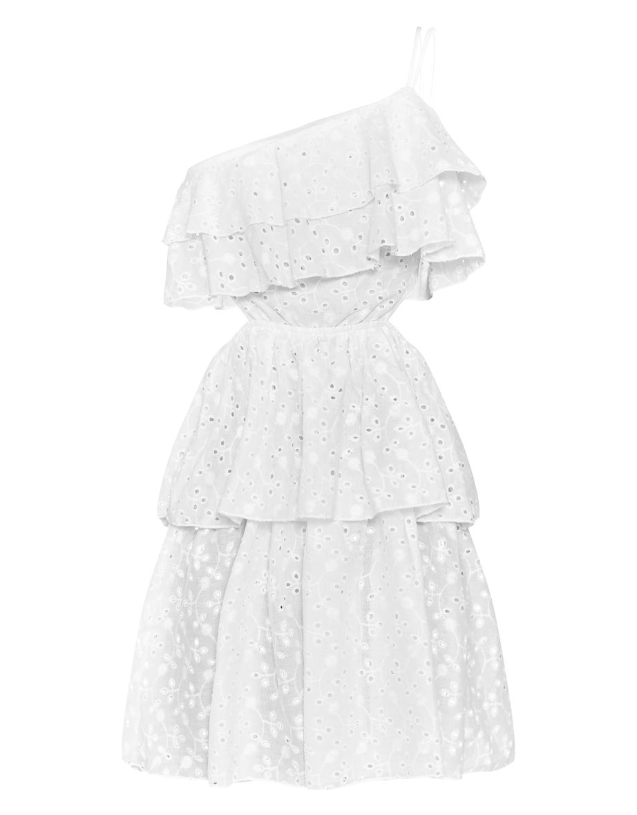 White Broderie One Shoulder Frill Mini Dress - 4