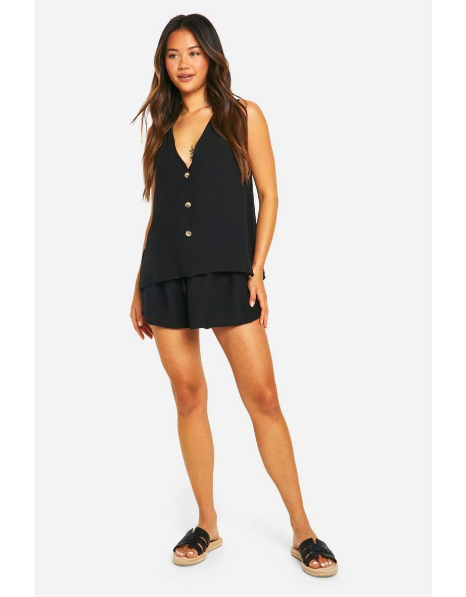 Linen Look Tab Side Longline Waistcoat & Flippy Shorts - black