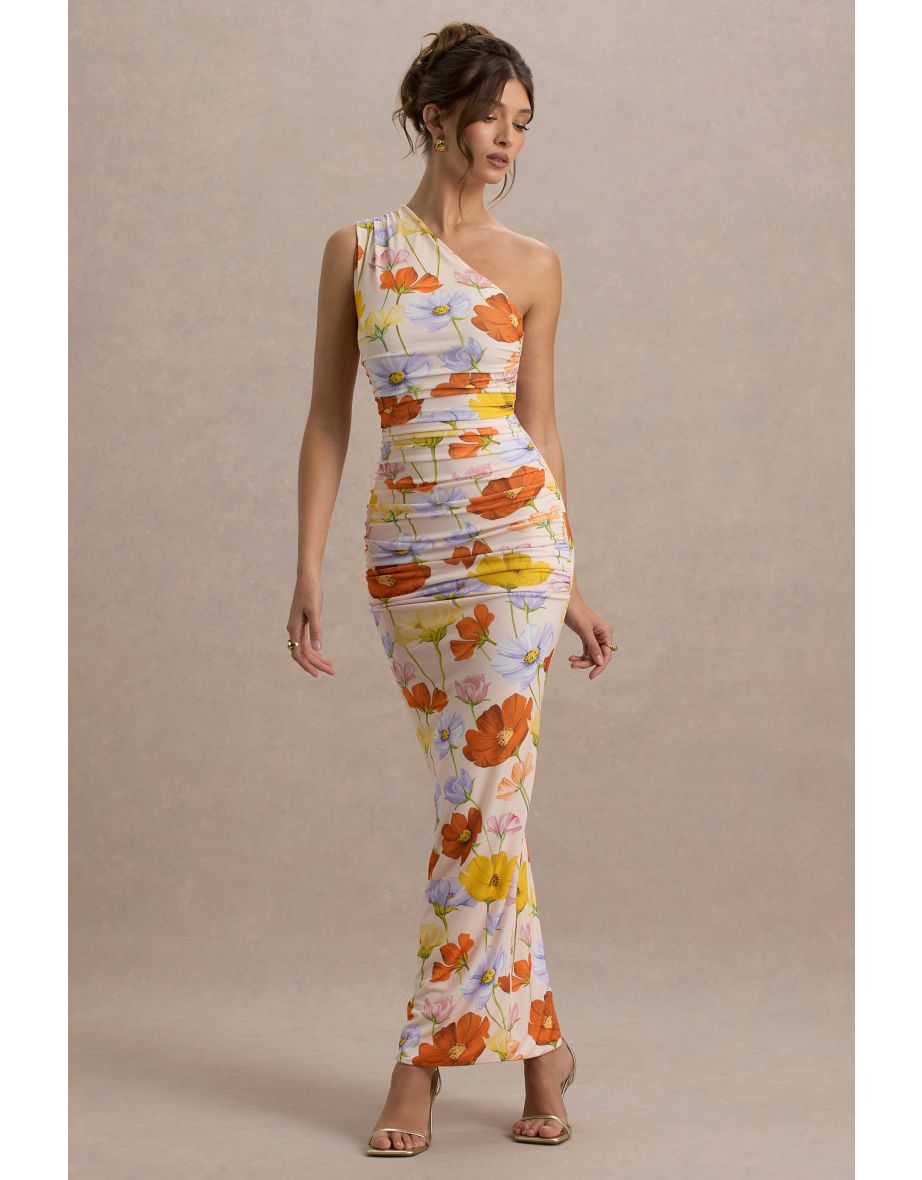 Dalarie | Bright Floral Print One-Shoulder Gathered Maxi Dress