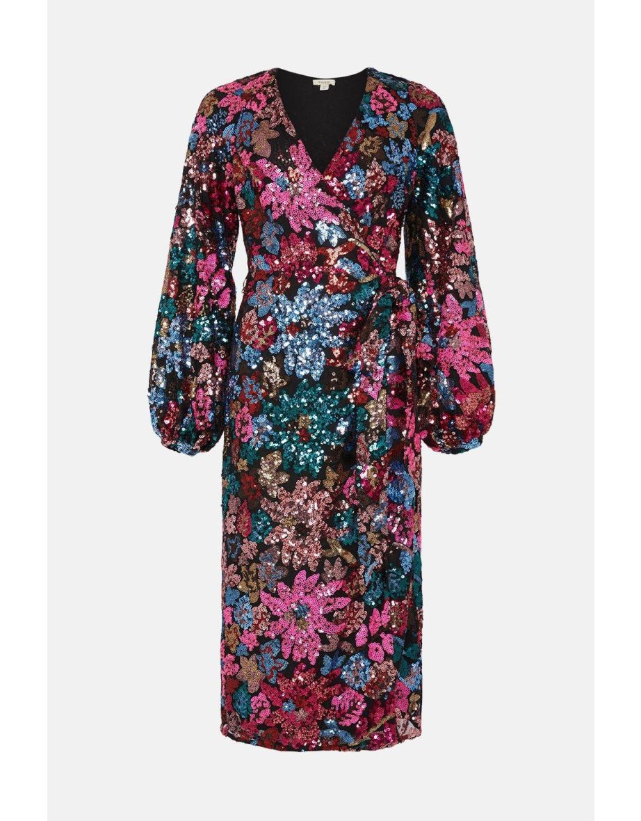Colour Pop Sequin Floral Wrap Midi Dress - 3
