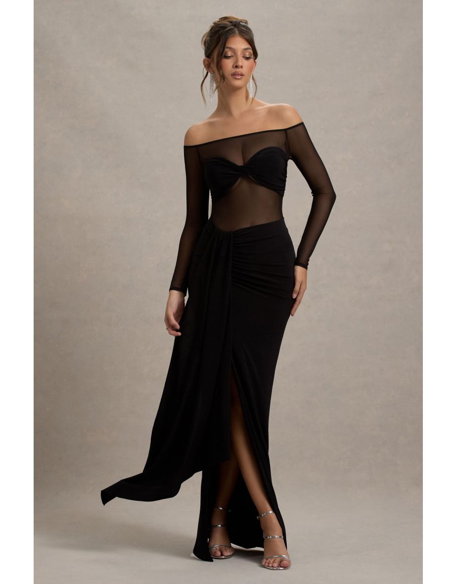 Cover Star | Black Mesh Bardot Long-Sleeve Draped Dress