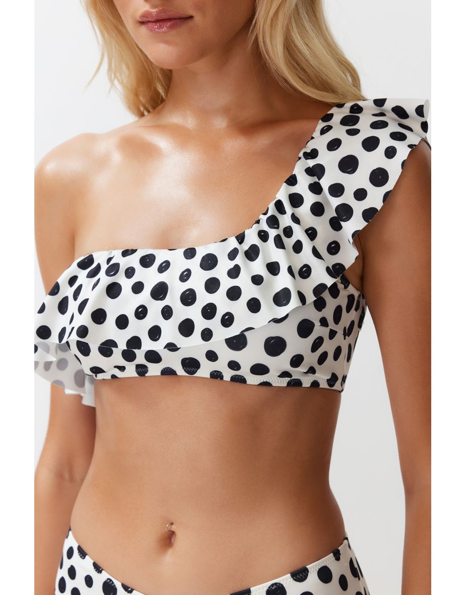 Polka Dot One-Shoulder Flounce Bikini Top - 7