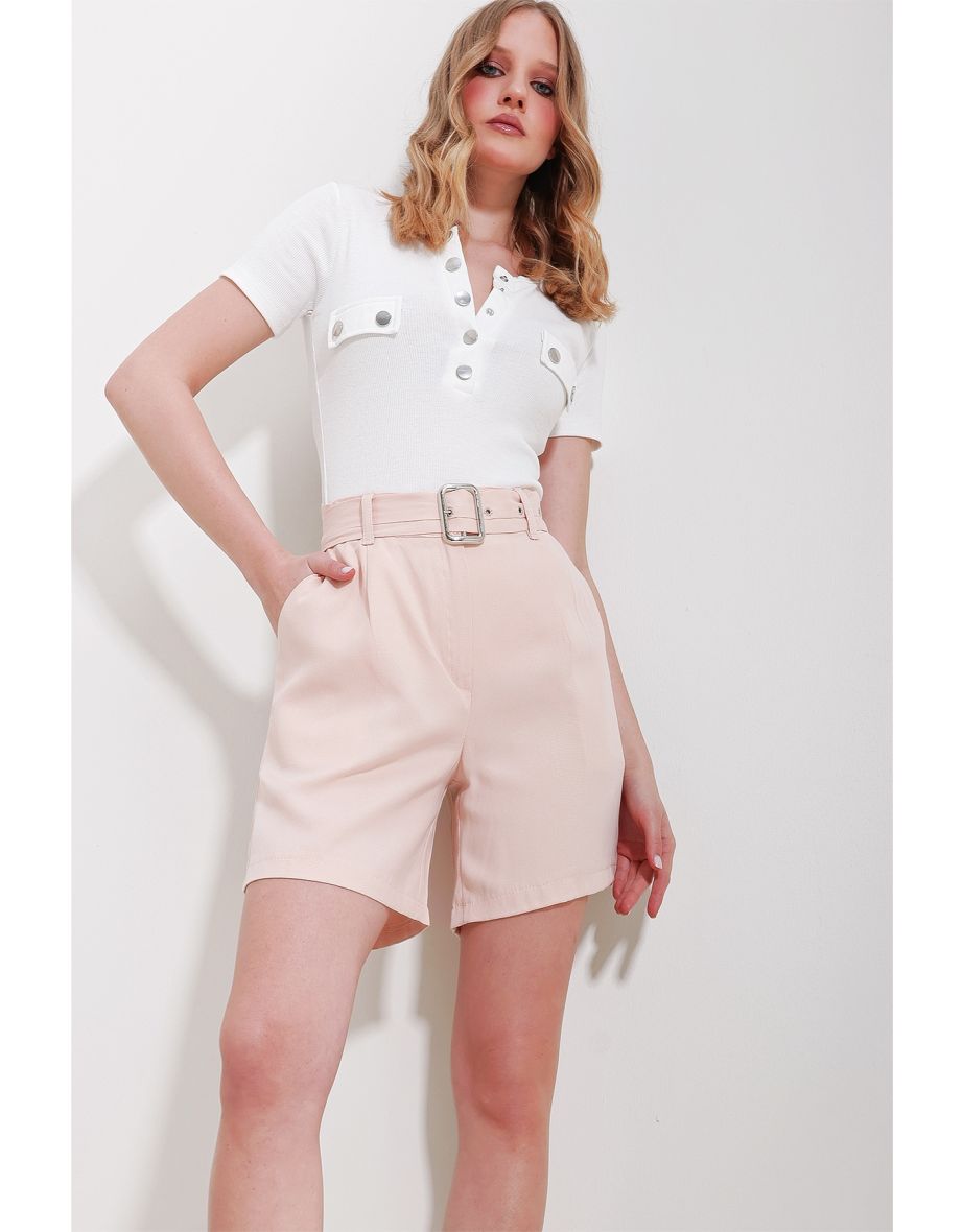 Women's Powder Pink Double Pocketed Waist Belted Gabardine Shorts