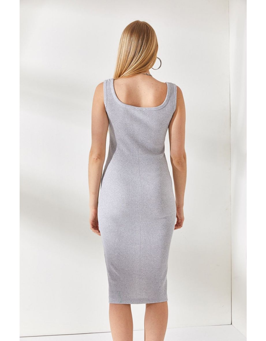 Women's Gray Thick Strap Lycra Midi Dress - 4