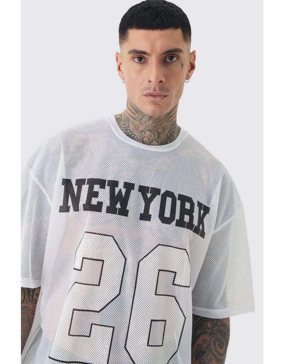 Tall New York Printed Mesh Basketball T-shirt In White - white - 2