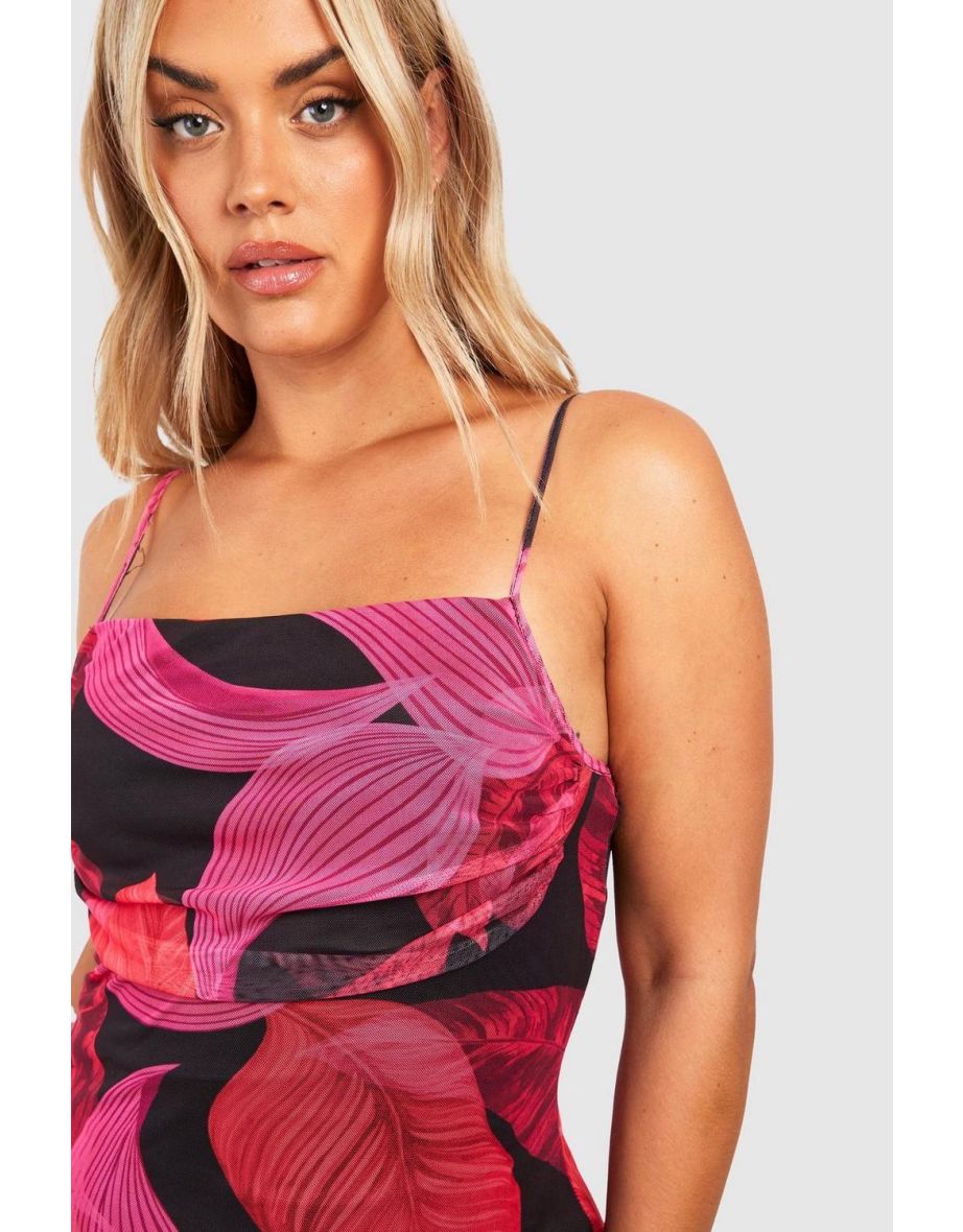 Plus Floral Print Mesh Maxi Slip Dress - pink - 3