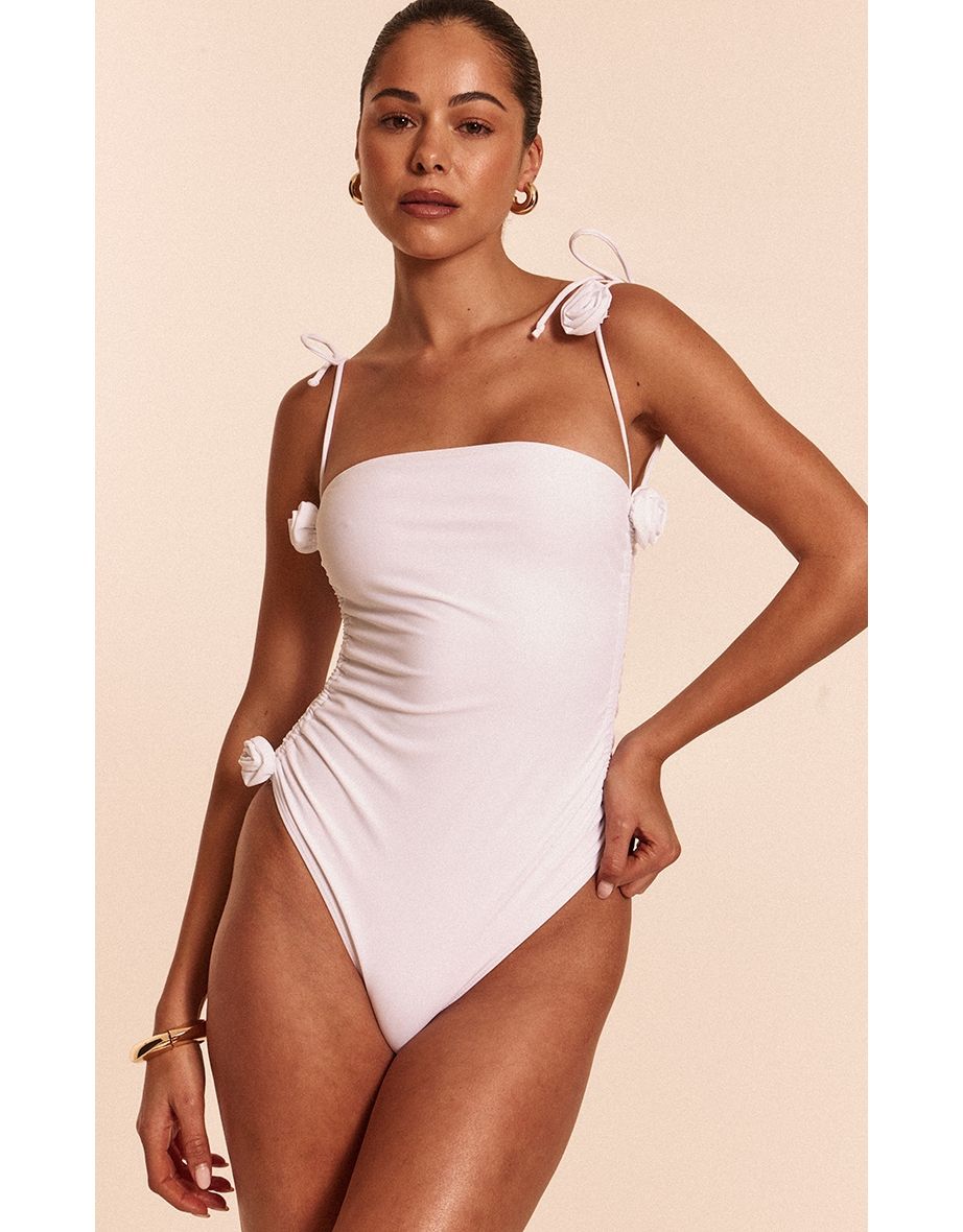 White Ruched Flower Trim Swimsuit
