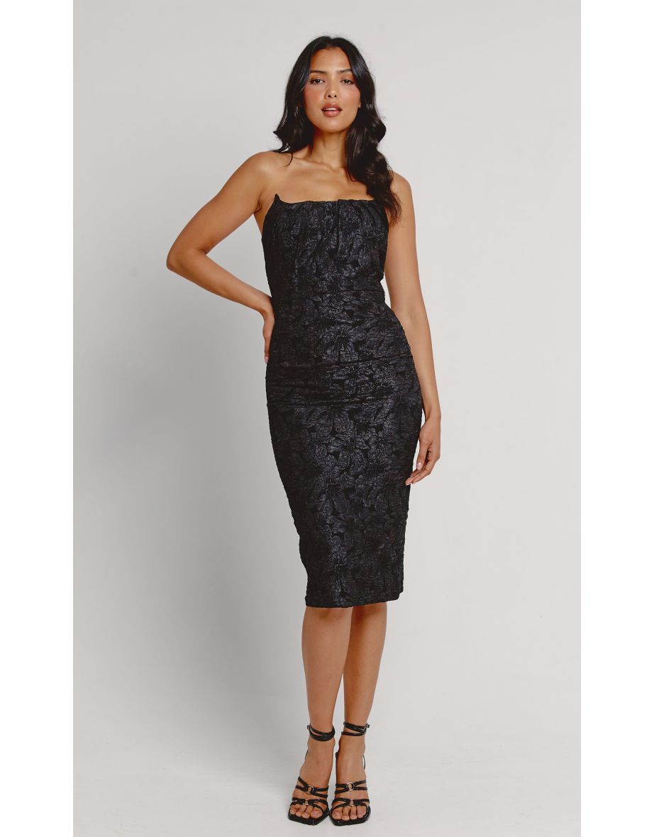Black Pleat Textured Midi Dress