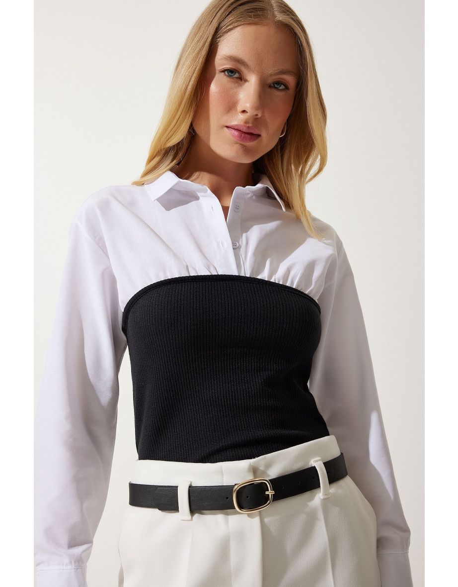 Women's White Black Polo Collar Color Block Shirt Blouse