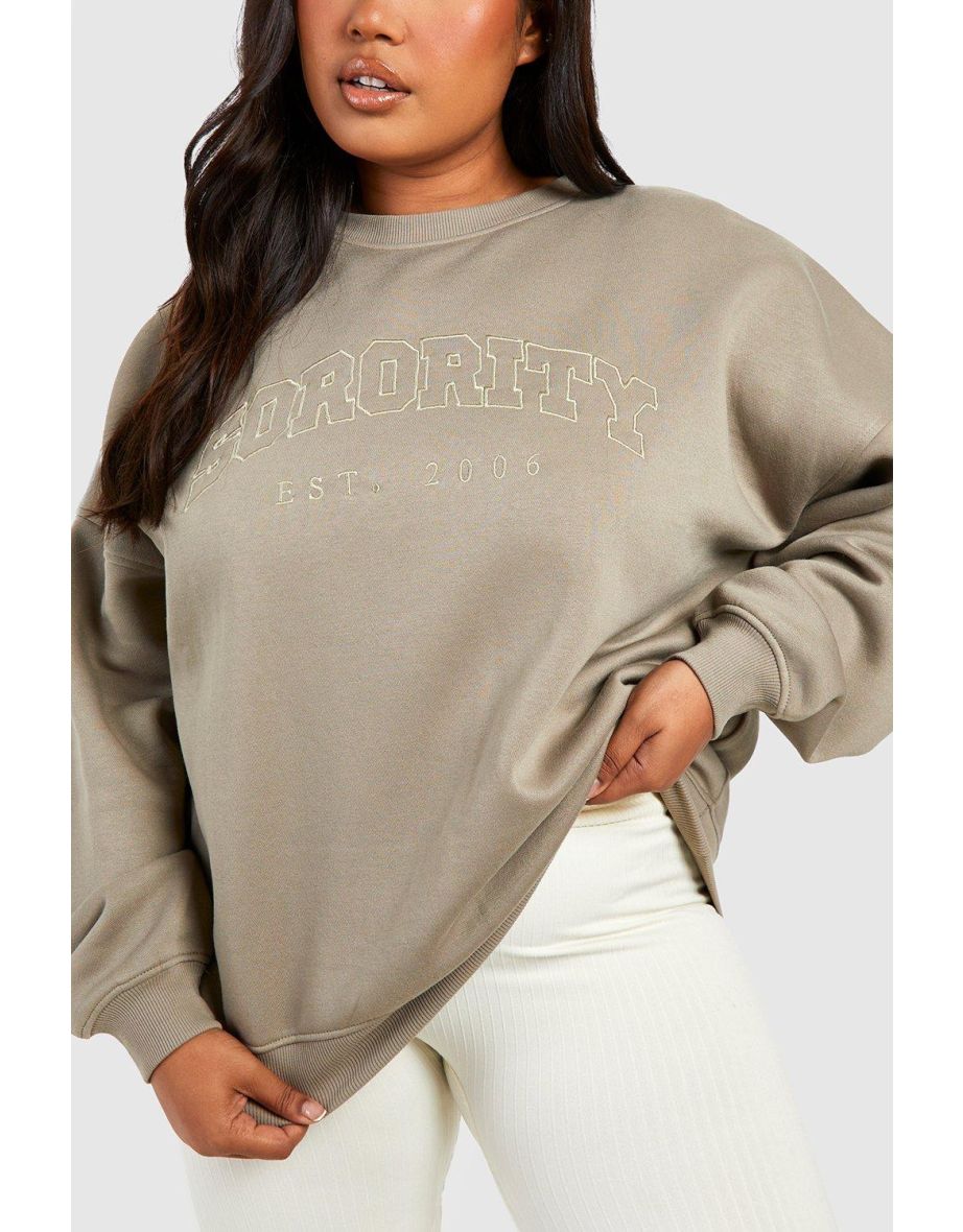Plus Sorority Slogan Crew Neck Sweatshirt - khaki - 3