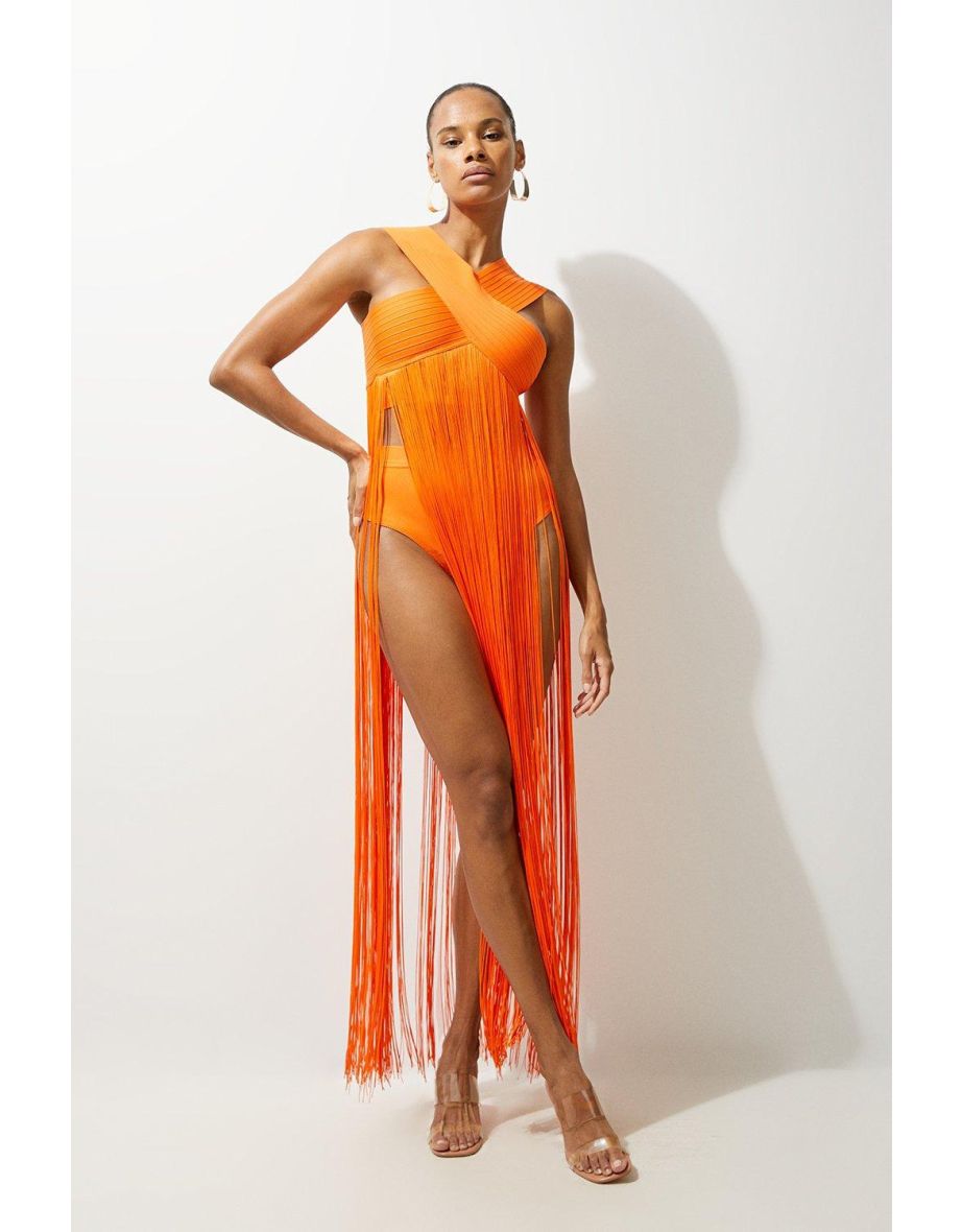 Bandage V Neck Cut Out Fringed Bikini Top